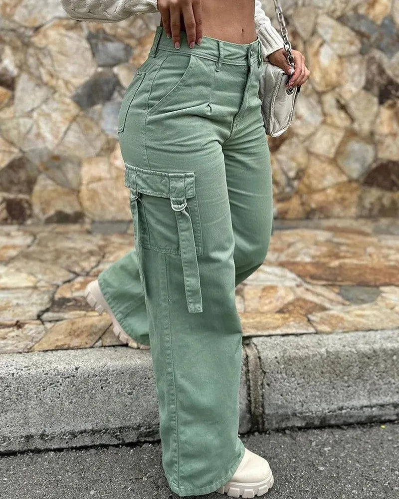 Fashion Retro Overalls Pants Multi-Pocket Casual Straight Pants High Street Women's Wide-Legged High Waisted Long Trousers