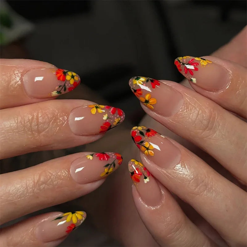 Autumn Matte Press-On Nails | 24pcs Rose Leaf Almond | Full Cover Acrylic Nail Tips with Glue
