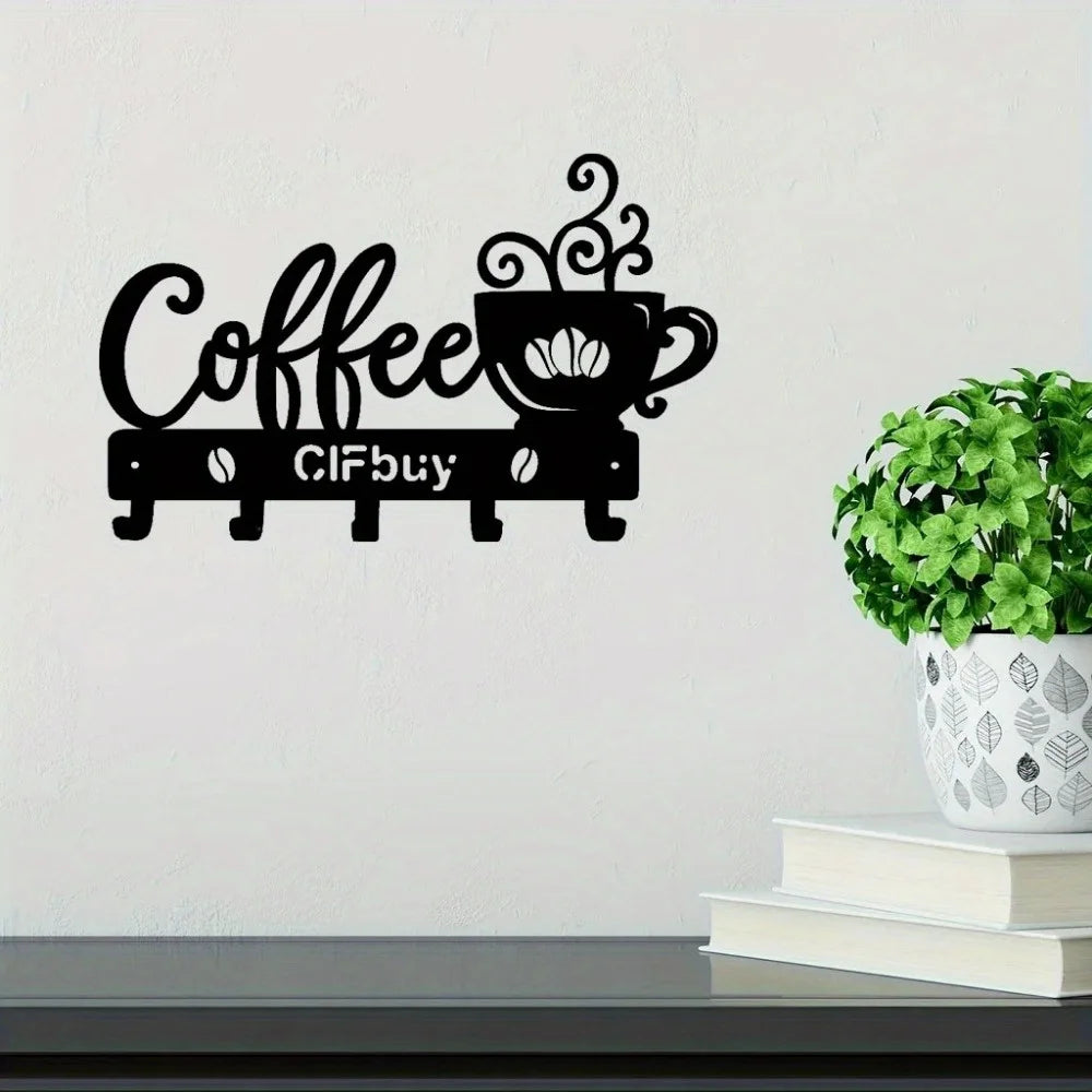 Coffee Bar Decor Rustic Metal Wall Art with Coffee Mug Sign and Hooks