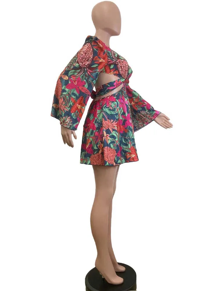 Women Sexy Outfits Skirt Sets with Top Lace-up Flare Sleeves Nightclub Wear with Flower Print Two Piece Sets Skirt and Crop Top