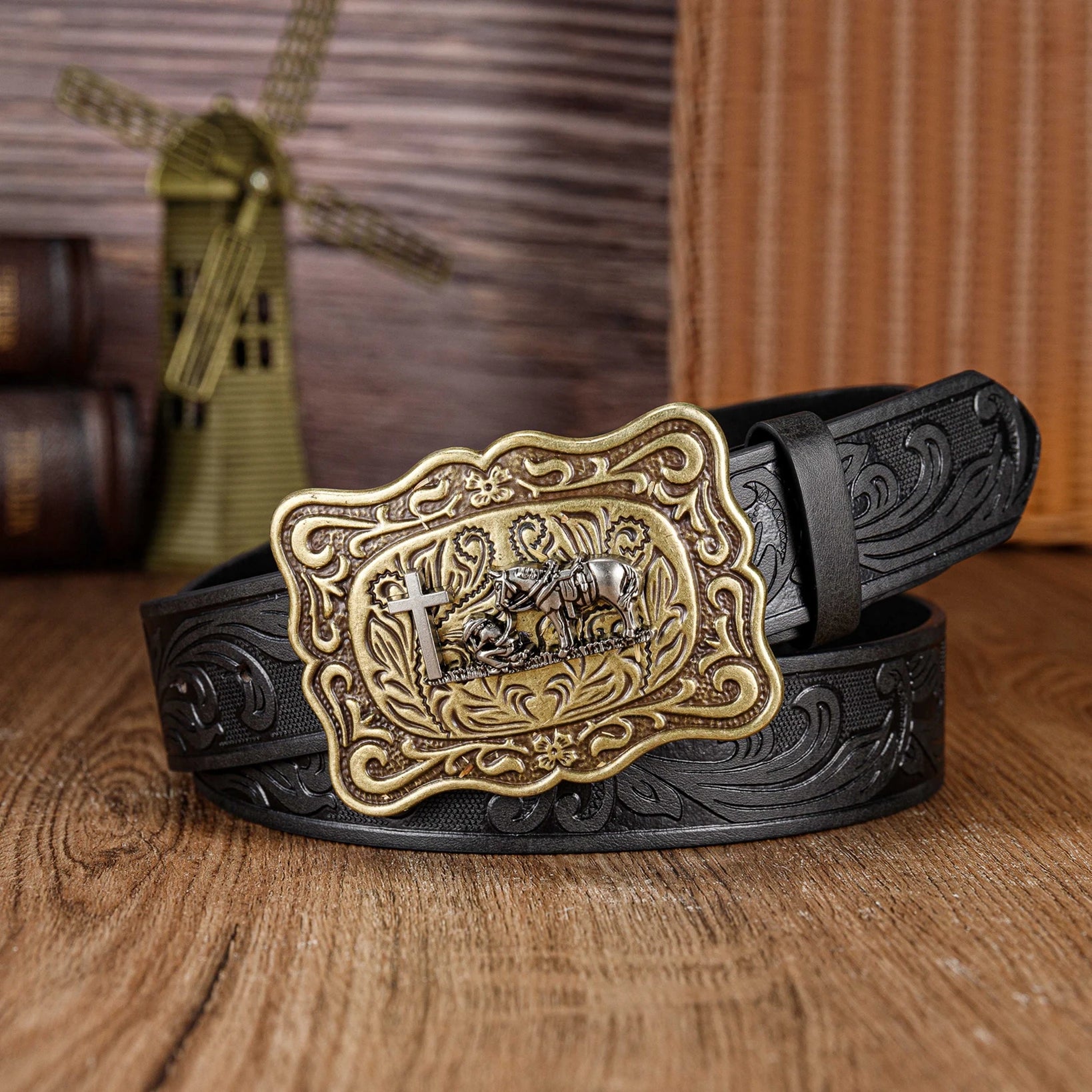 Wrangler men's belt, retro embossed personalized belt, Western denim large buckle punk style belt
