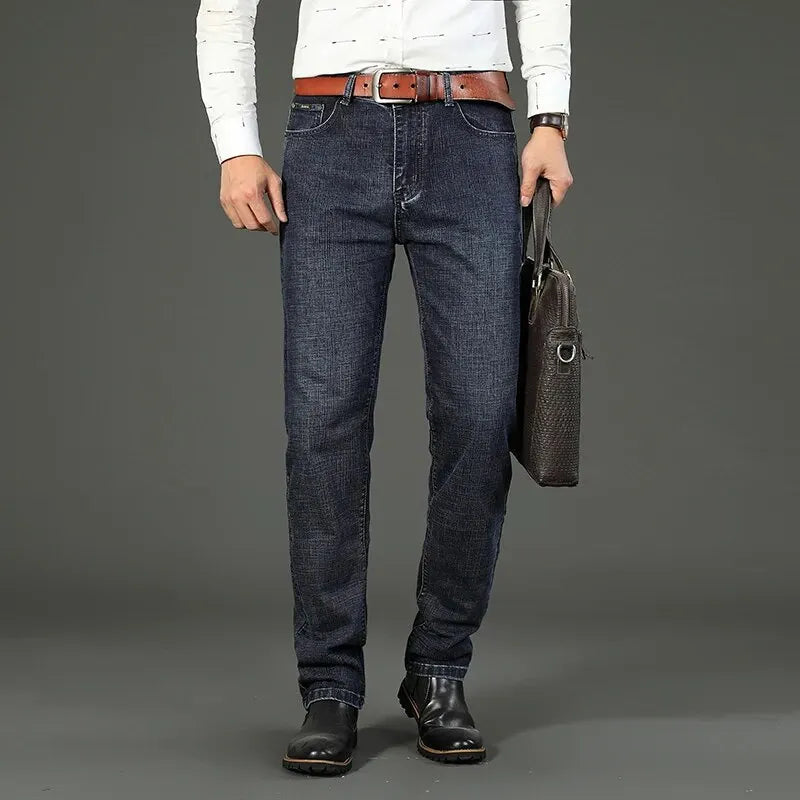 Wthinlee New Business Men's Jeans fleece Casual Straight Stretch Fashion Classic Blue Black Work Denim Trousers Male  Clothing