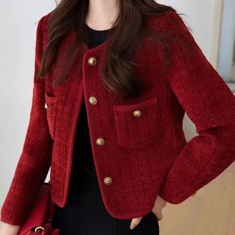 Spring Autumn New Red Tweed Small Fragrance Coat Short Blazers Korean Fashion Elegant Female Tops Outerwear