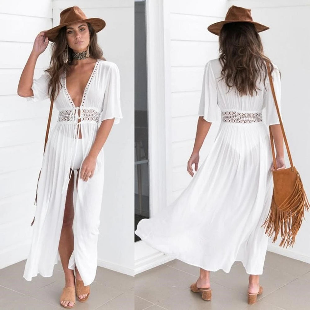 Women's Summer Dress Lady Lace Boho Beach Swimsuit Bikini Cover Up Lace-Up Long Blouse Hollow Out Sun Protection Cardigan Shawl