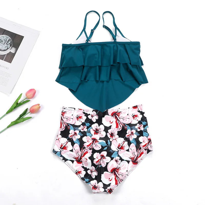 Swimwear Ruffles Women Suits Two Piece Sets Printed Beachwear High Waist Bikini Set Bottoms Push Up Tankini Swimsuits Women