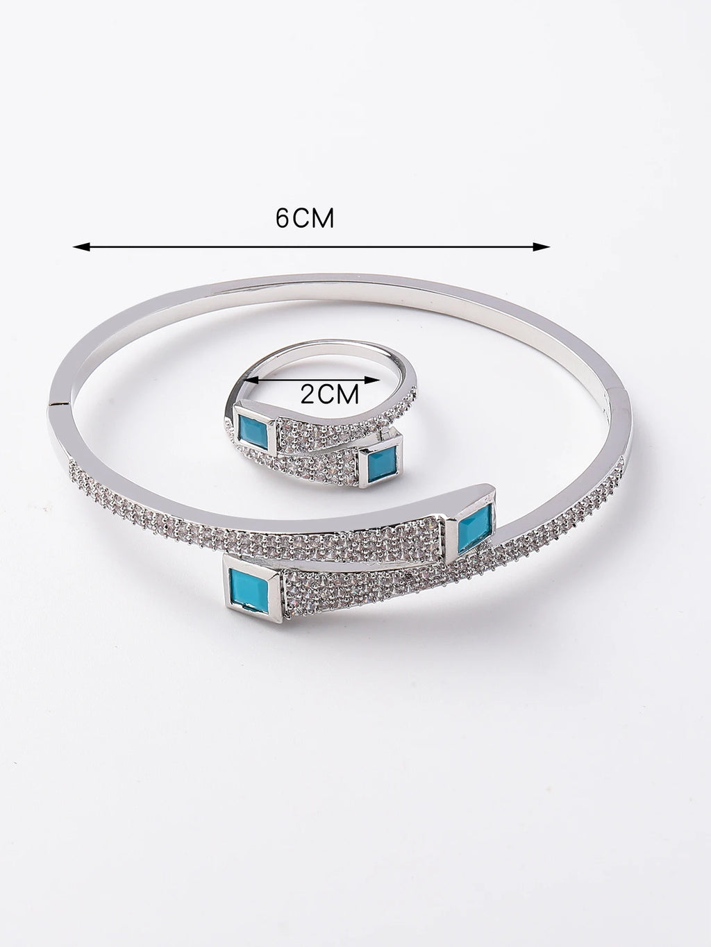 A set of women's new European and American light luxury exquisite trend turquoise zirconium inlaid bracelet ring set