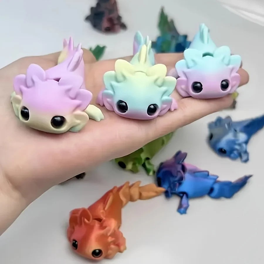 2-Pack of 3D Printed Small Animals in Random Colors, Cute Axolotls with Movable Joints, Adorable Water Tiger Fish Figurines with Happy Expressions, Perfect for Holiday Gifts and Desktop Decorations, Great Holiday Gifts