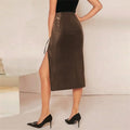 Y.KUKU Sexy PU Skirts For Women Fashion Black Drawstring Midi Skirt Streetwear High Waist Women Clothing Saia Faldas Femme
