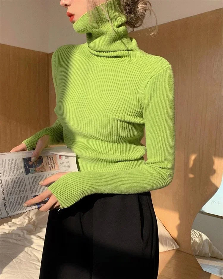 Women Turtlneck Sweater Elegant Solid Basic Knitted Tops Casual Pullover Korean Fashion Simple with Thumb Holes Chic Clothes