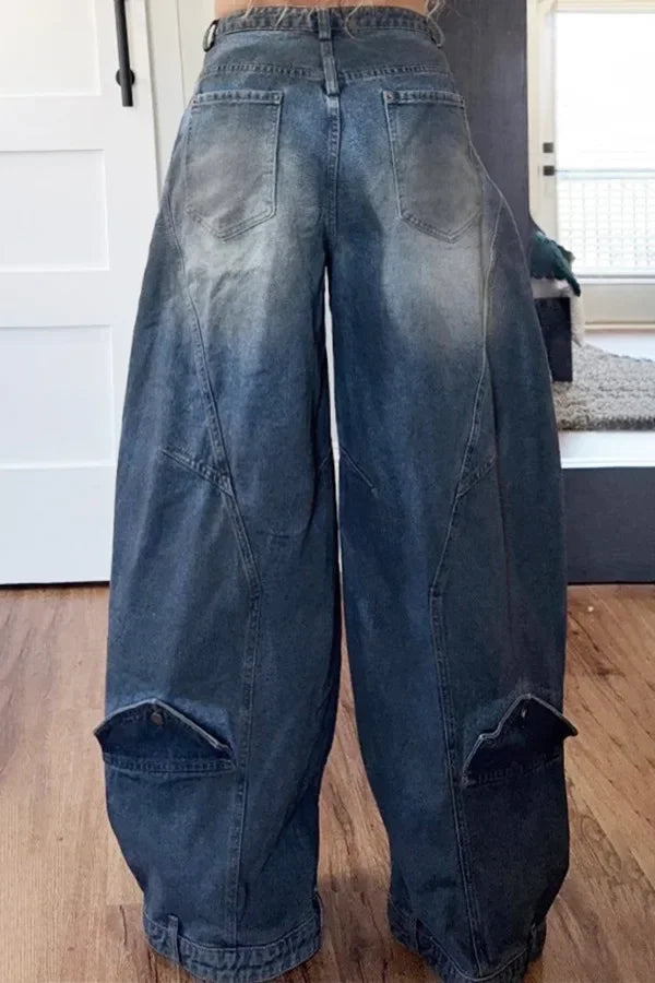 Wide Leg Pants Women Vintage Denim Jeans Punk Style Loose Trousers Stretch Mid Waist Washed Distressed 2026 Mom Streetwear