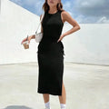 Design Sense Dew Waist Lace Slim Sexy Side Slit Bag Hip Dress Summer Round Neck Sleeveless Vest Dress Female