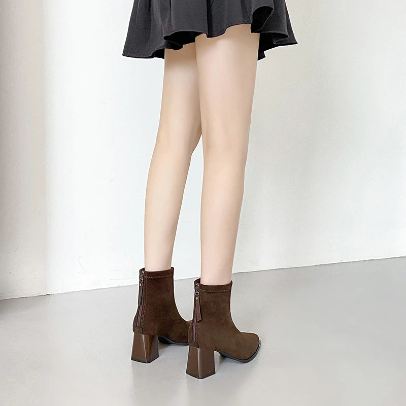 Autumn Winter Suede Women Ankle Boots Sexy Thick High Heels Pointed Toe Shoes Modern Short Botas Para Mujer