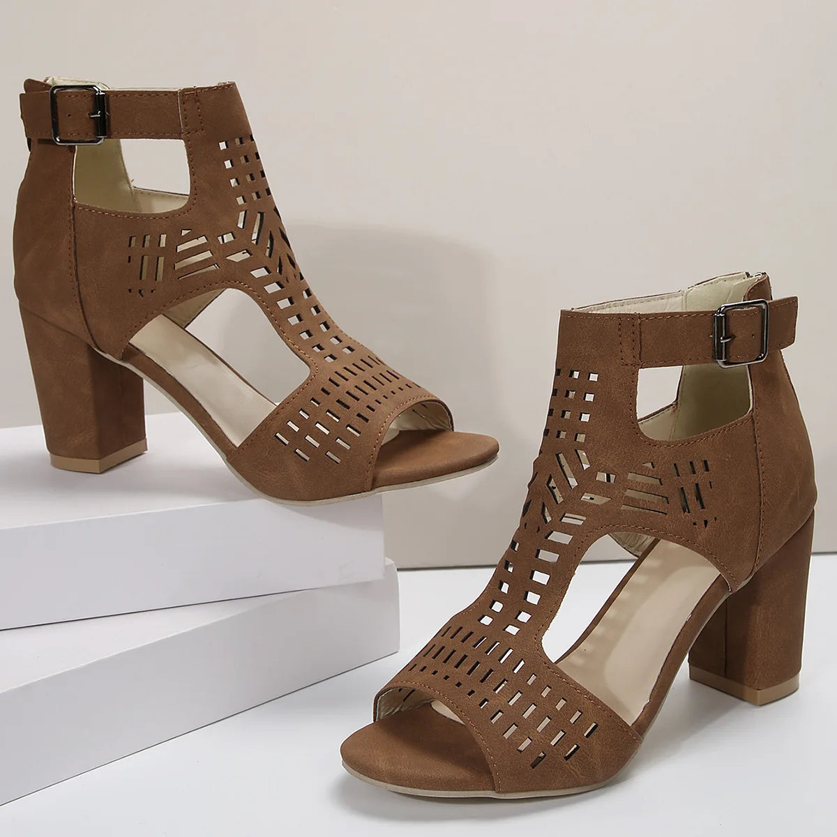 Women Fashion Strap Sexy High Heel Sandals Woman Roman Hollow Pumps Lace-up Peep Toe Sandals Casual Chunky High-heeled Sandals