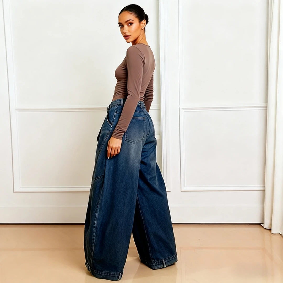 Wide Leg Pants Women Vintage Denim Jeans Punk Style Loose Trousers Stretch Mid Waist Washed Distressed 2026 Mom Streetwear