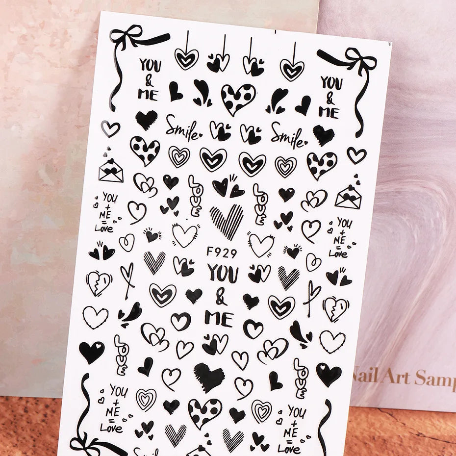 1PCS New Black White Love Heart English Alphabet Nail Art Sticker Nail Decoration Decal DIY Valentine's Day 3D Adhesive Stickers