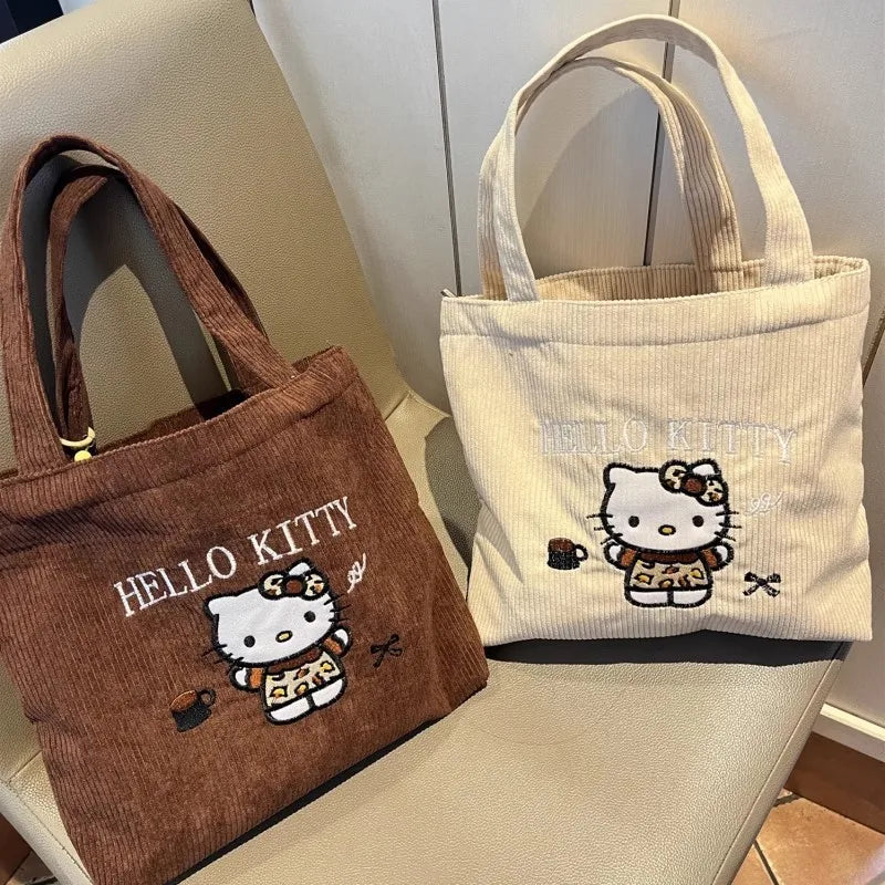 New Hello Kitty Handbag Cute Embroidered Large-Capacity Cartoon Handbag Corduroy Small Bag Students School Single Shoulder Bag