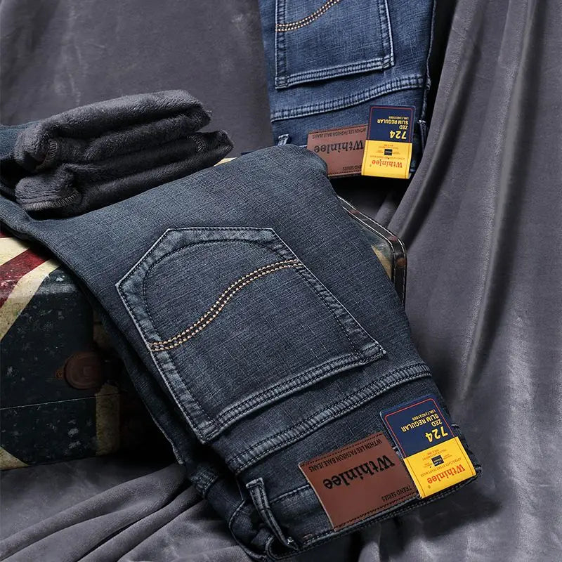 Wthinlee New Business Men's Jeans fleece Casual Straight Stretch Fashion Classic Blue Black Work Denim Trousers Male  Clothing
