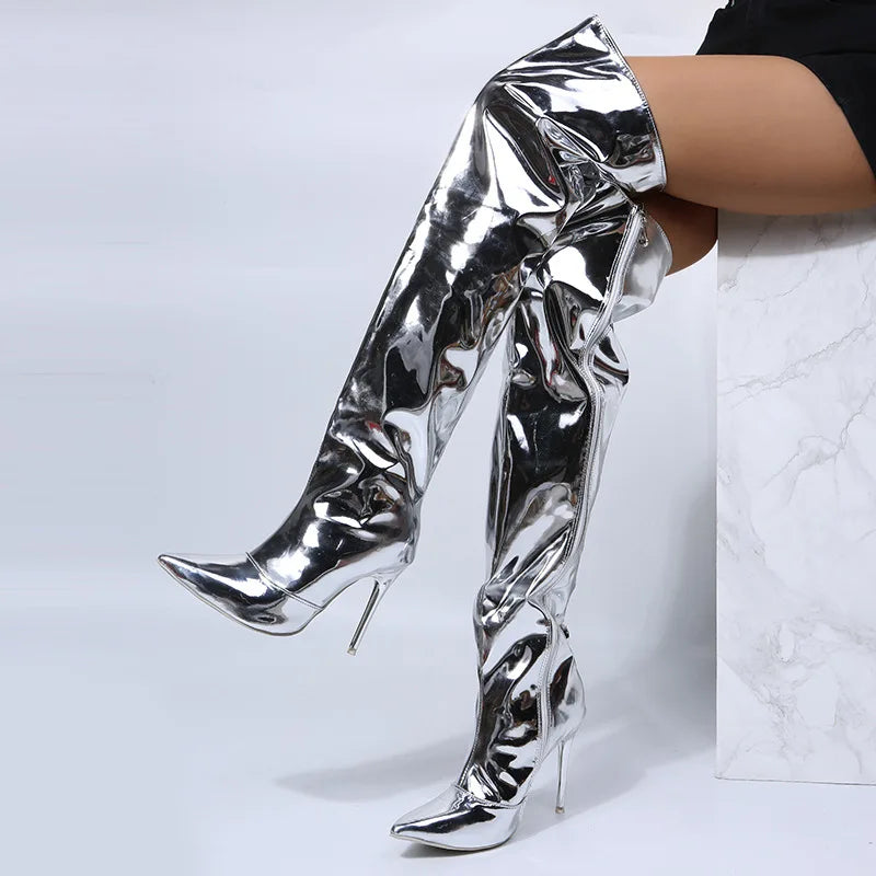 Heels Long Boots Women Autumn Winter Over-the-Knee exy Silver Mirror Thigh High Boots T Show Pointy Toe Casual  Club Party Shoes