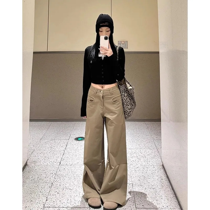 Petite Women's Melange Wide Leg Casual Pants 25 Fall Winter Slim High Waist Retro Floor Length