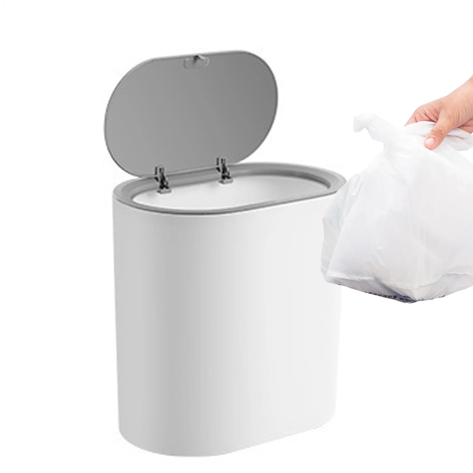 Press Top Trash Can with Lid, Slim Waste Basket for Bathroom Kitchen, Compact Office Living Room Garbage Bin