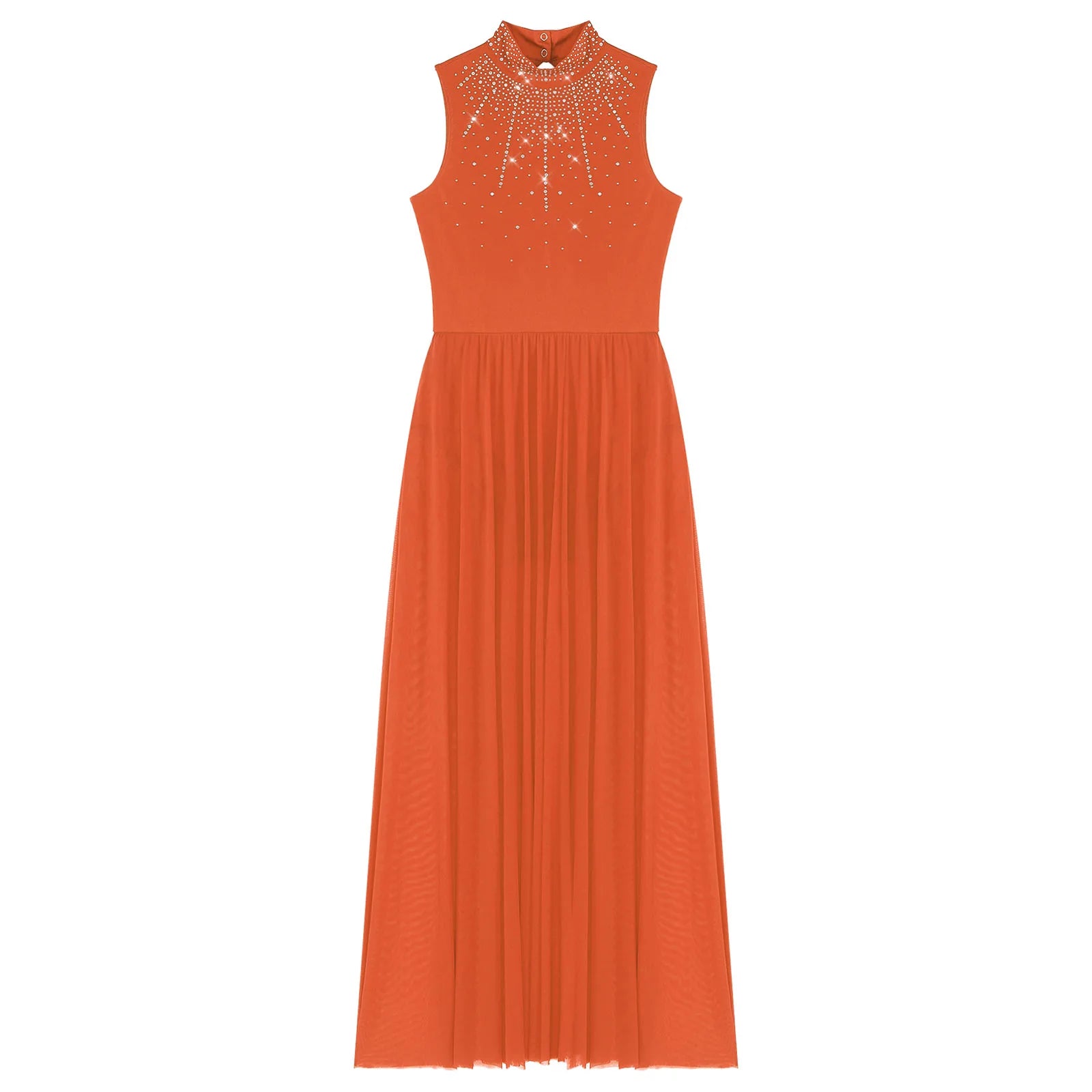 Womens Lyrical Dance Dresses Mock Neck Wide Hemline Shiny Rhinestones Maxi Dress Sleeveless Modern Contemporary Leotard Dresses