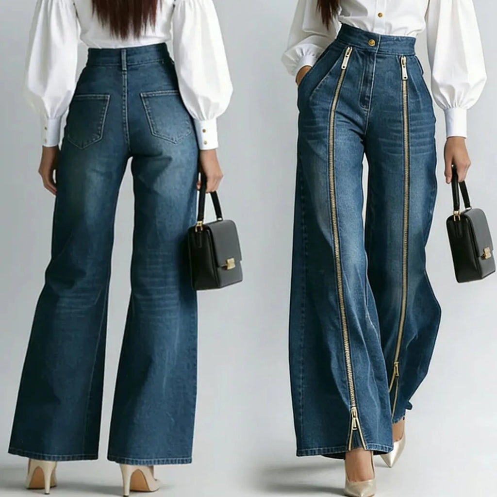 High Waist Gold Zipper Wide Leg Jeans Straight Leg Loose Denim Pant