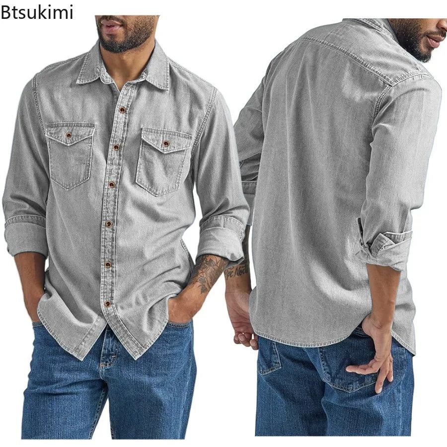 Men's Casual Denim Shirts Long Sleeve Button Vintage Blue Washed Cowboy Shirts Slim Fit Outdoor Workwear Tops for Men
