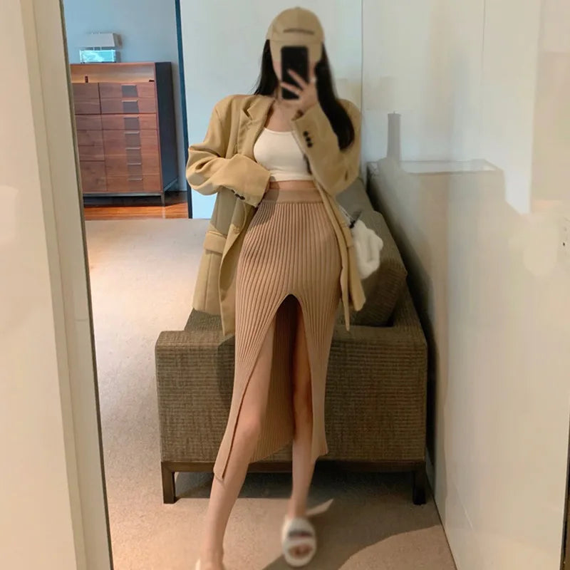 Women Sexy Split Bodycon Long Skirt  Elegant Slim Fit High-Waisted Skirts Female Pure Desire Hot Girl Knitted Elastic Dress