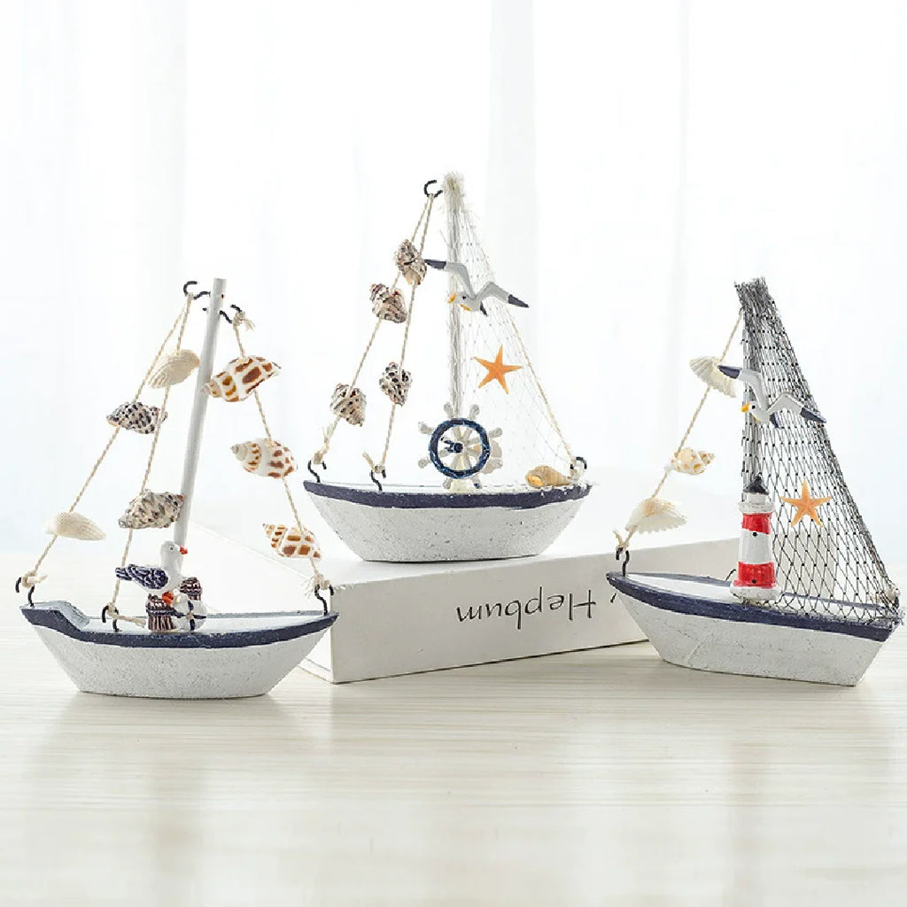 Mini Nautical Style Wooden Sailing Boat Ship-Nautical Blue Craft Ornament for Home Party Room Decoration Marine Themed Accents