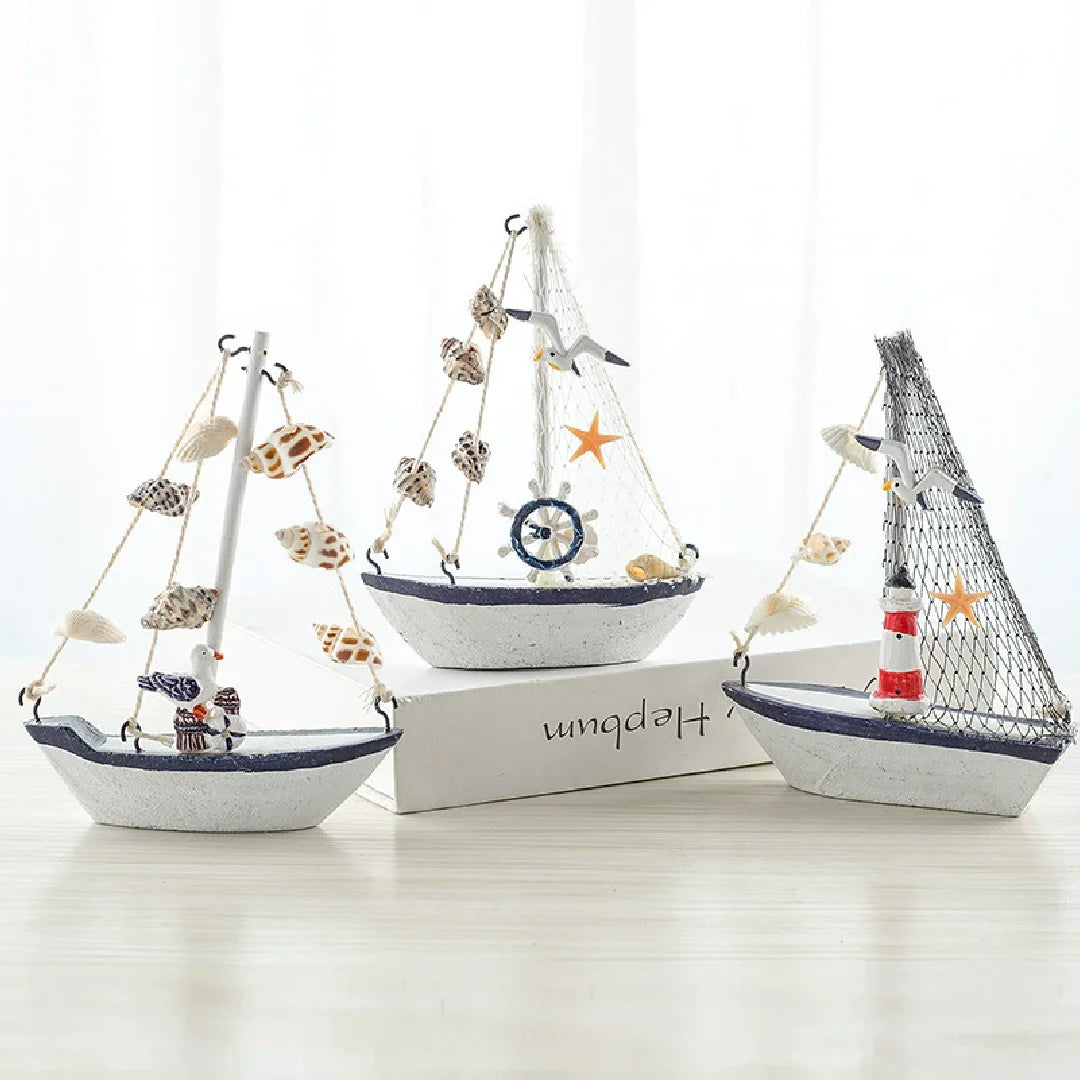 Mini Nautical Style Wooden Sailing Boat Ship-Nautical Blue Craft Ornament for Home Party Room Decoration Marine Themed Accents