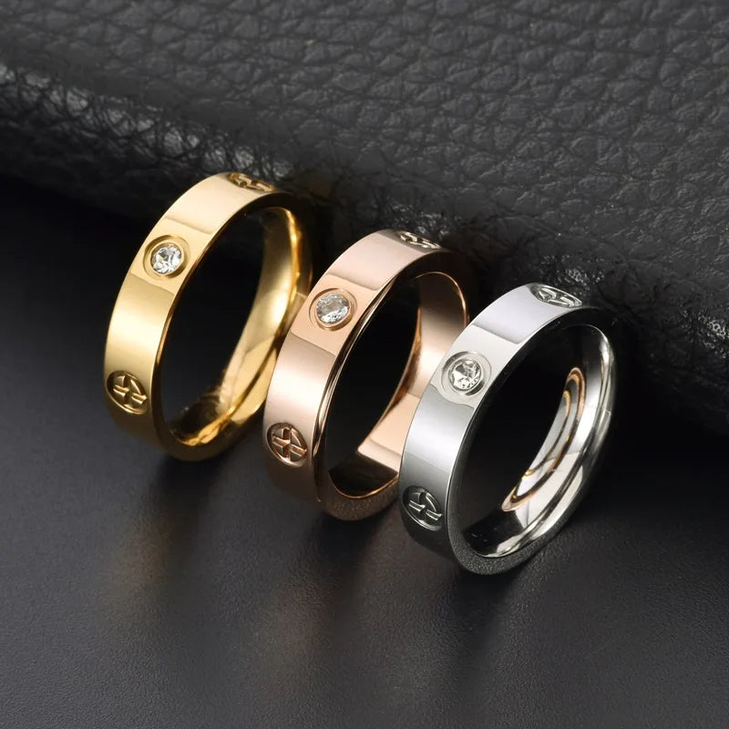 Stainless steel PVD plated 18k gold cartire cross zircon stone love couple ring for men women Valentine's Day birthday gift