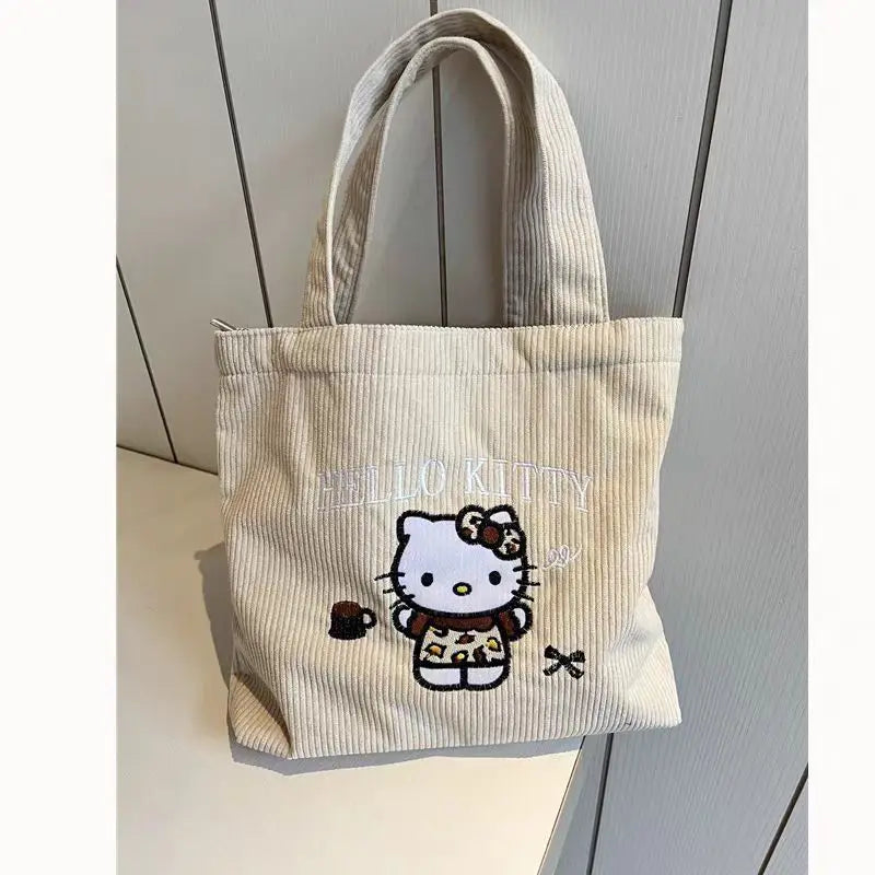 New Hello Kitty Handbag Cute Embroidered Large-Capacity Cartoon Handbag Corduroy Small Bag Students School Single Shoulder Bag