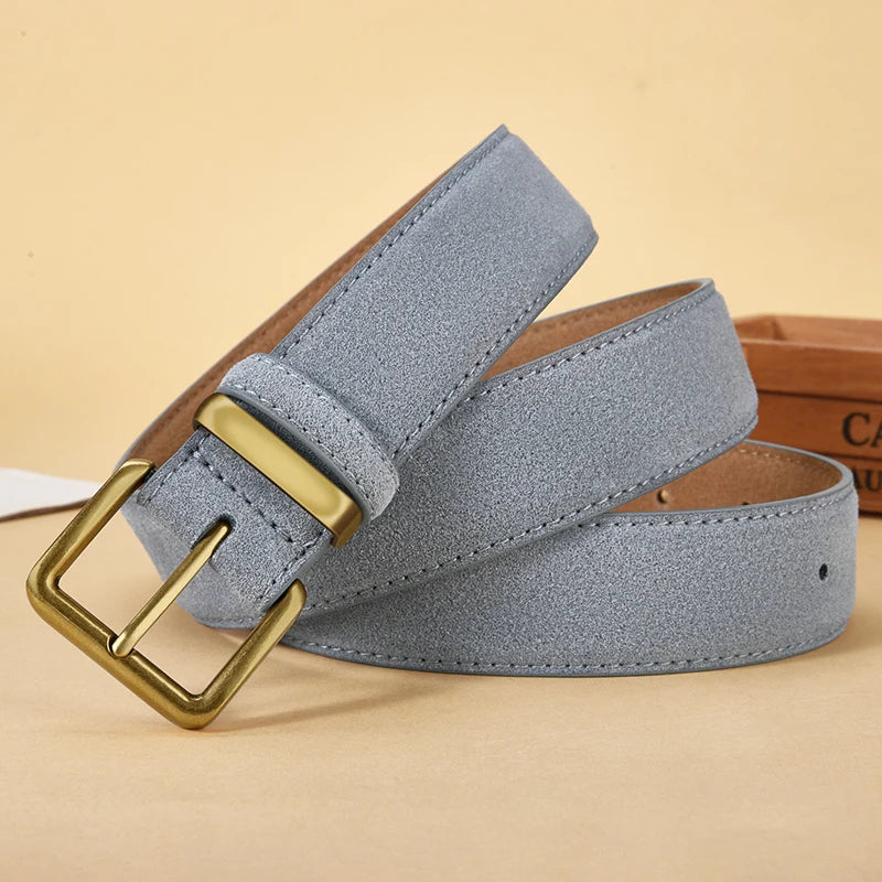 Women's Luxury Suede Cowhide Leather Belt – Gold Buckle Wide Waistband
