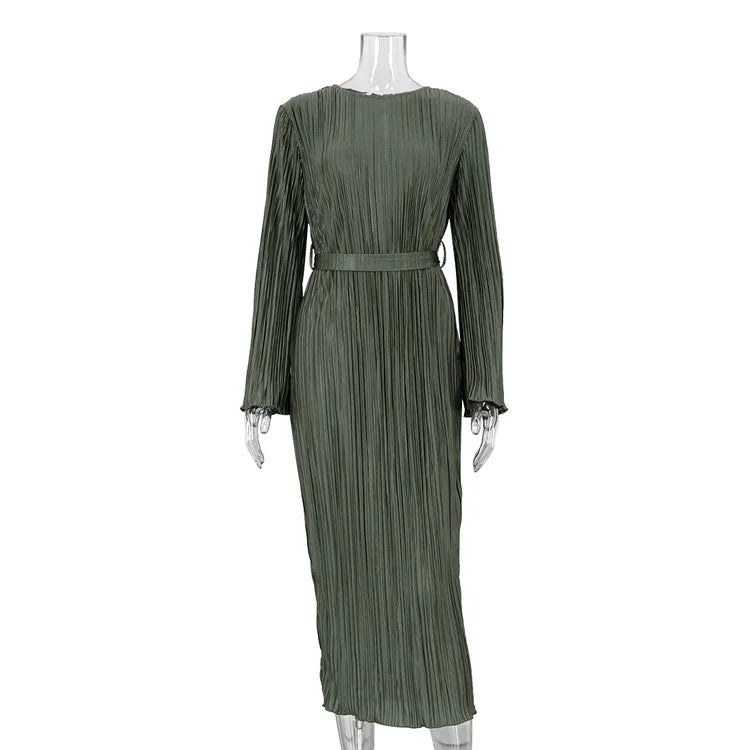Autumn Winter Party Dress for Women 2025 Y2K INS Elegant Fashion Long Sleeve O Neck Lace Up Folds Evening Graduation Long Dress