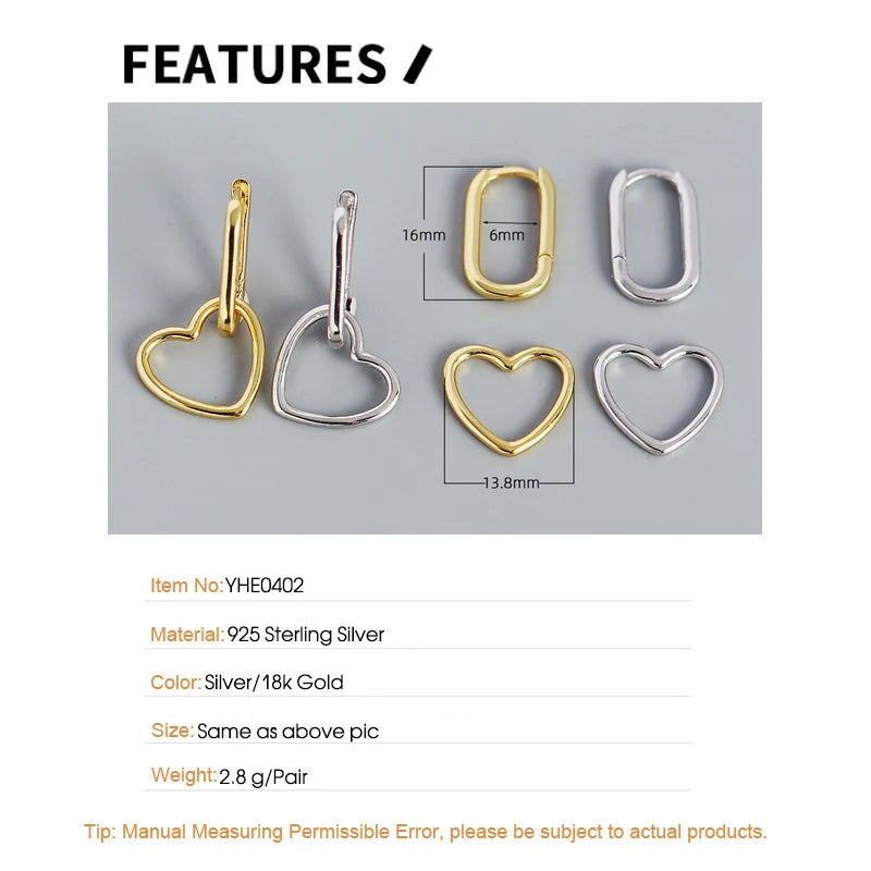 F.I.N.S Minimalist Real S925 Sterling Silver Oval Heart-Shaped Drop Earrings Geometric Smooth Hoops Pendientes Plata 925 Jewelry