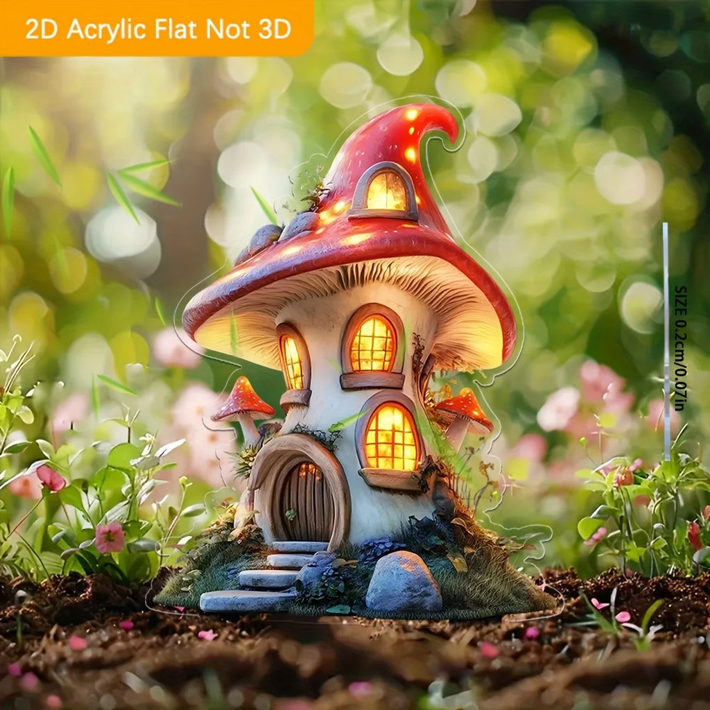 Bohemian Style 2D Fairy Tale Treehouse Cartoon Mushroom House Acrylic Bonsai Garden Decoration Waterproof Outdoor Lawn Art