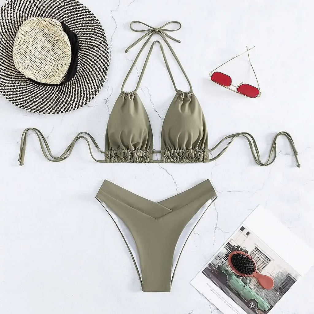 Plus Size Beach Bikini Black Sexy Halter Bikini Push Up Swimsuit 2 Piece Bikini Sets Summer Women Swimwear Bathing Suits
