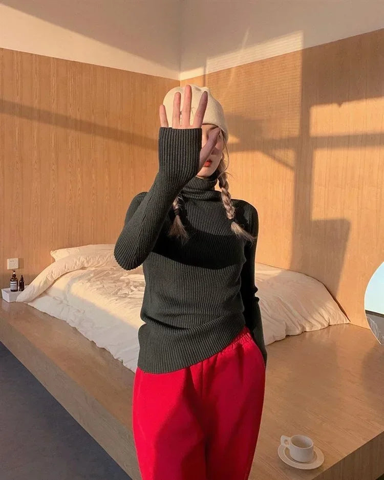 Women Turtlneck Sweater Elegant Solid Basic Knitted Tops Casual Pullover Korean Fashion Simple with Thumb Holes Chic Clothes