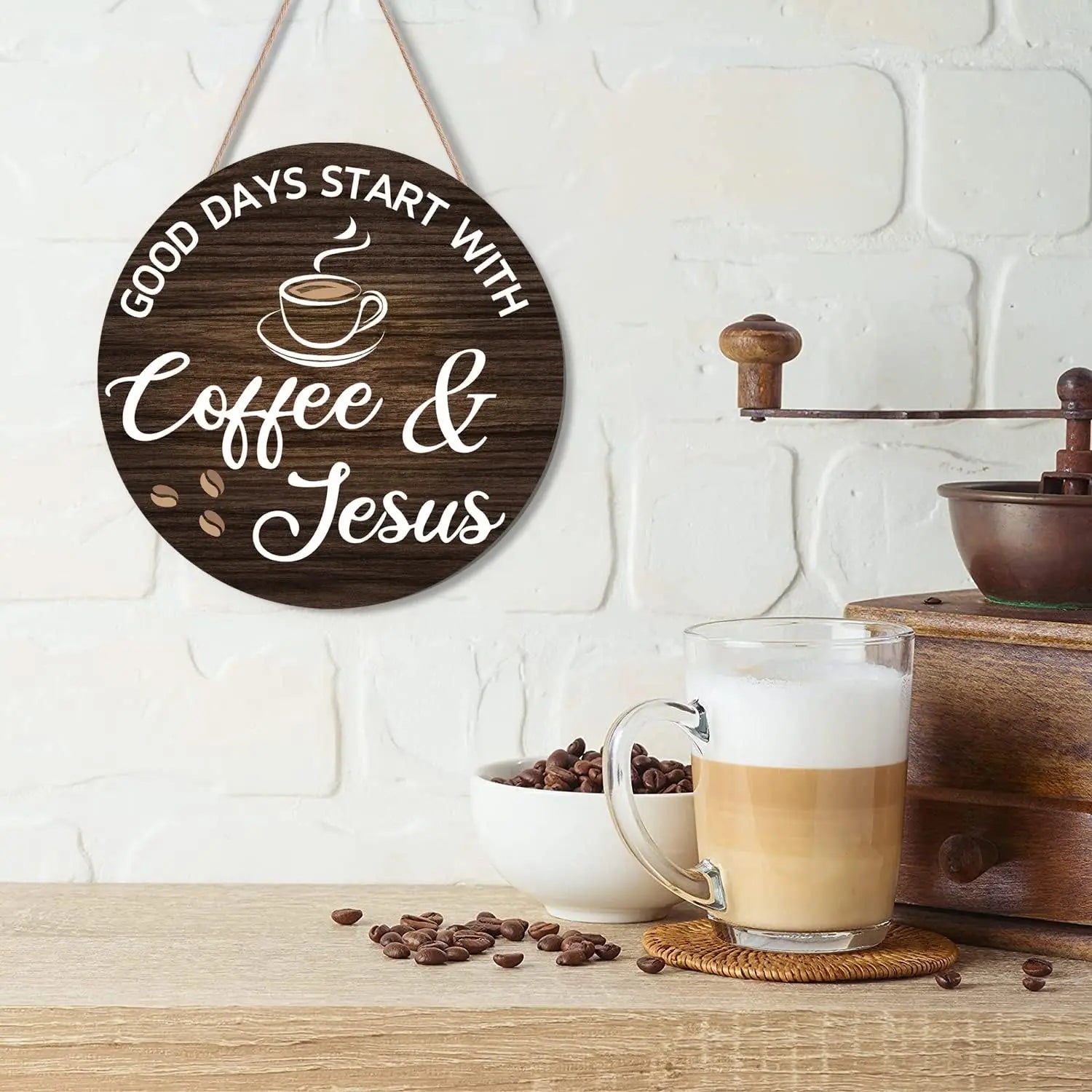 Rustic Wooden Coffee Themed Wall Plaque, Farmhouse Style Decor for Kitchen Home Office Cafe Coffee Bar Station, Ideal Housewarmi