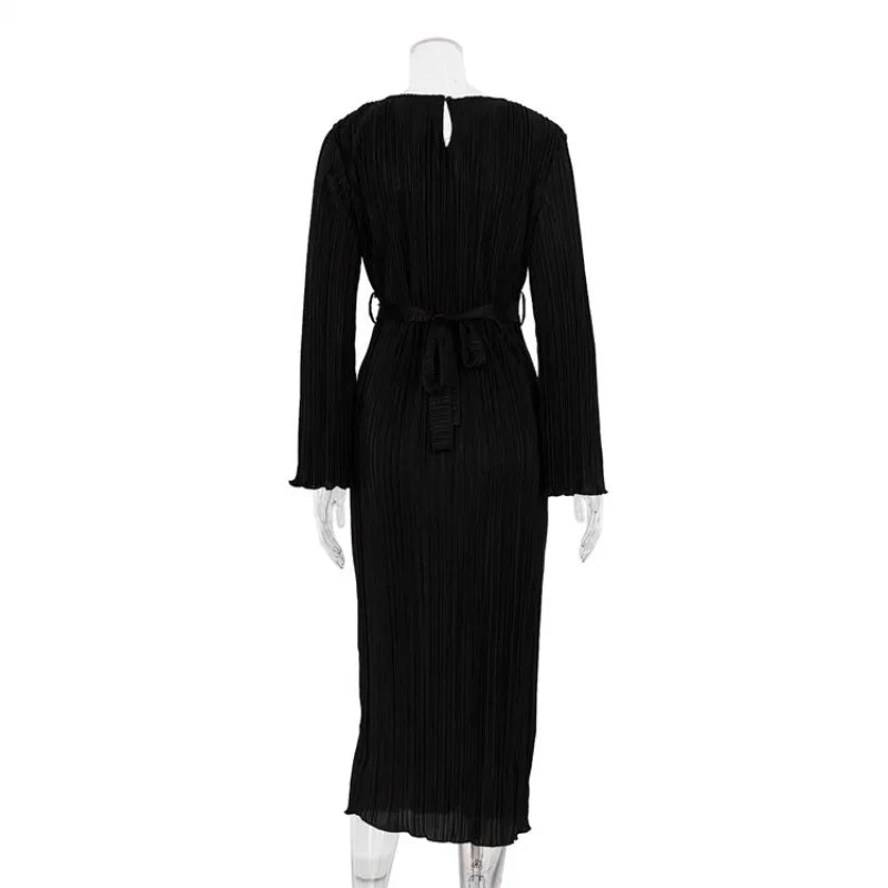 Autumn Winter Party Dress for Women 2025 Y2K INS Elegant Fashion Long Sleeve O Neck Lace Up Folds Evening Graduation Long Dress