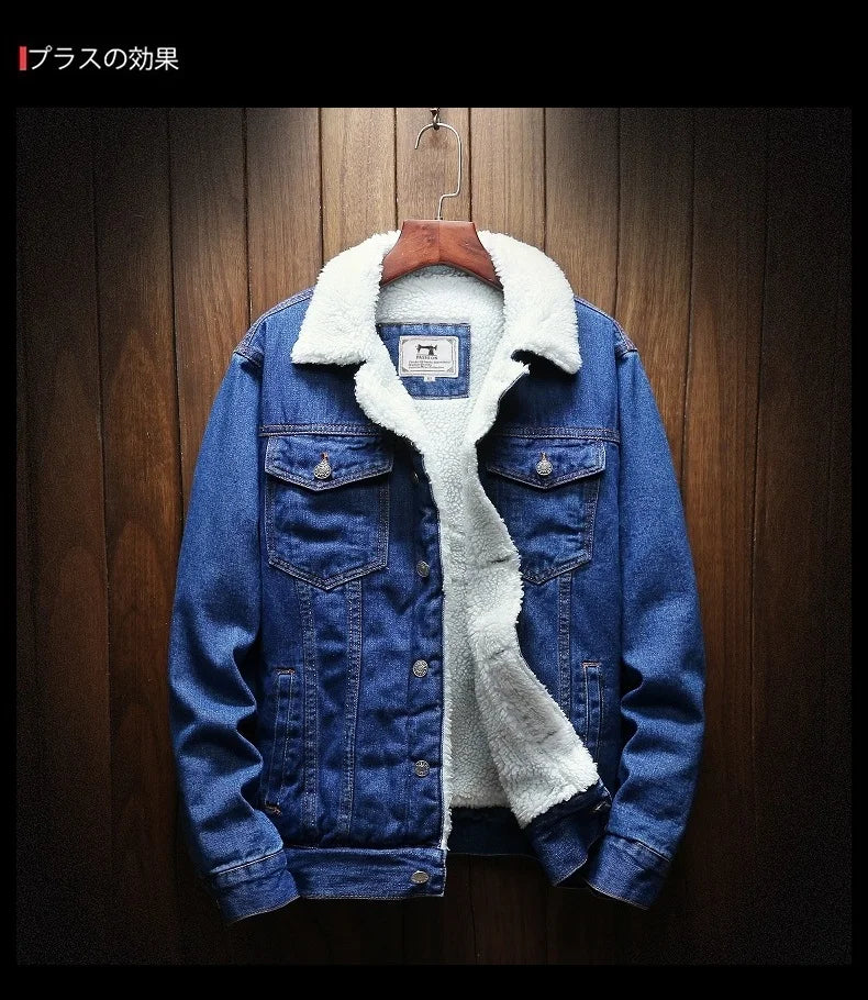 Winter Men's Fleece-Lined Denim Jacket Korean Fashion Windproof Warm Multi-Pocket Lapel Jacket Man High Street Vintage Jean Coat