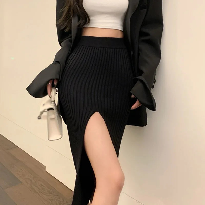 Women Sexy Split Bodycon Long Skirt  Elegant Slim Fit High-Waisted Skirts Female Pure Desire Hot Girl Knitted Elastic Dress