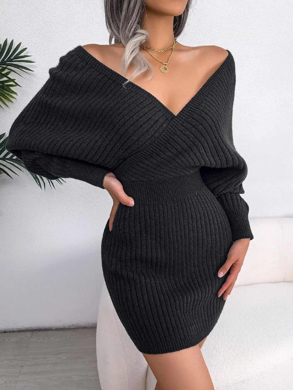Women's V Neck Waist Tie Sweater Dress - Bodycon Long Sleeve Solid Knit for Fall Winter Holiday Party
