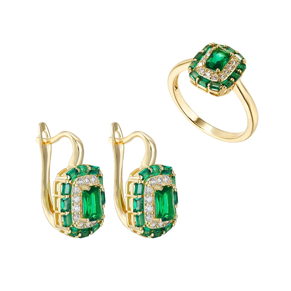 Square design inlaid zircon earrings ring for women fashion jewelry copper plated 14K gold exquisite luxury suit jewelry gift