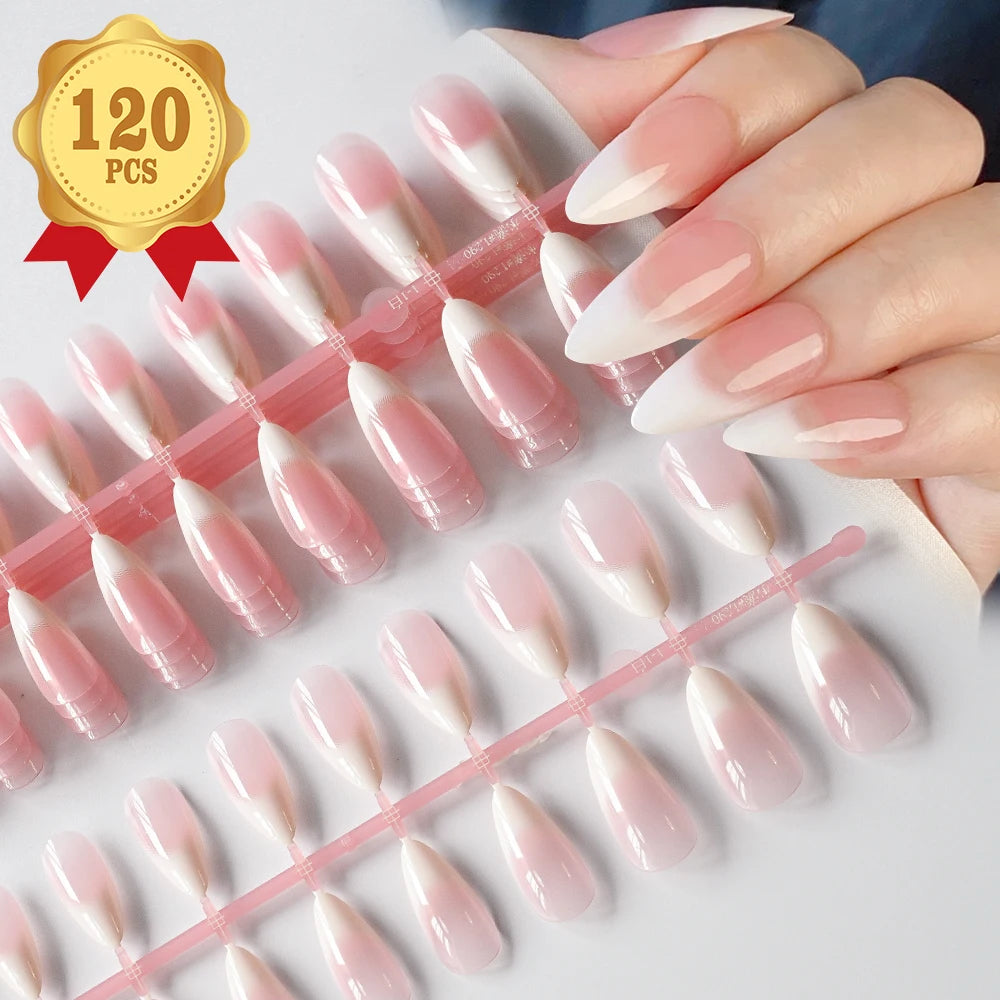 120pcs Nude Pink Gradient Press on Nails Ultra-Tender Almond Gel False nails Simple Full Cover Pink White French Fake Nail Tips#