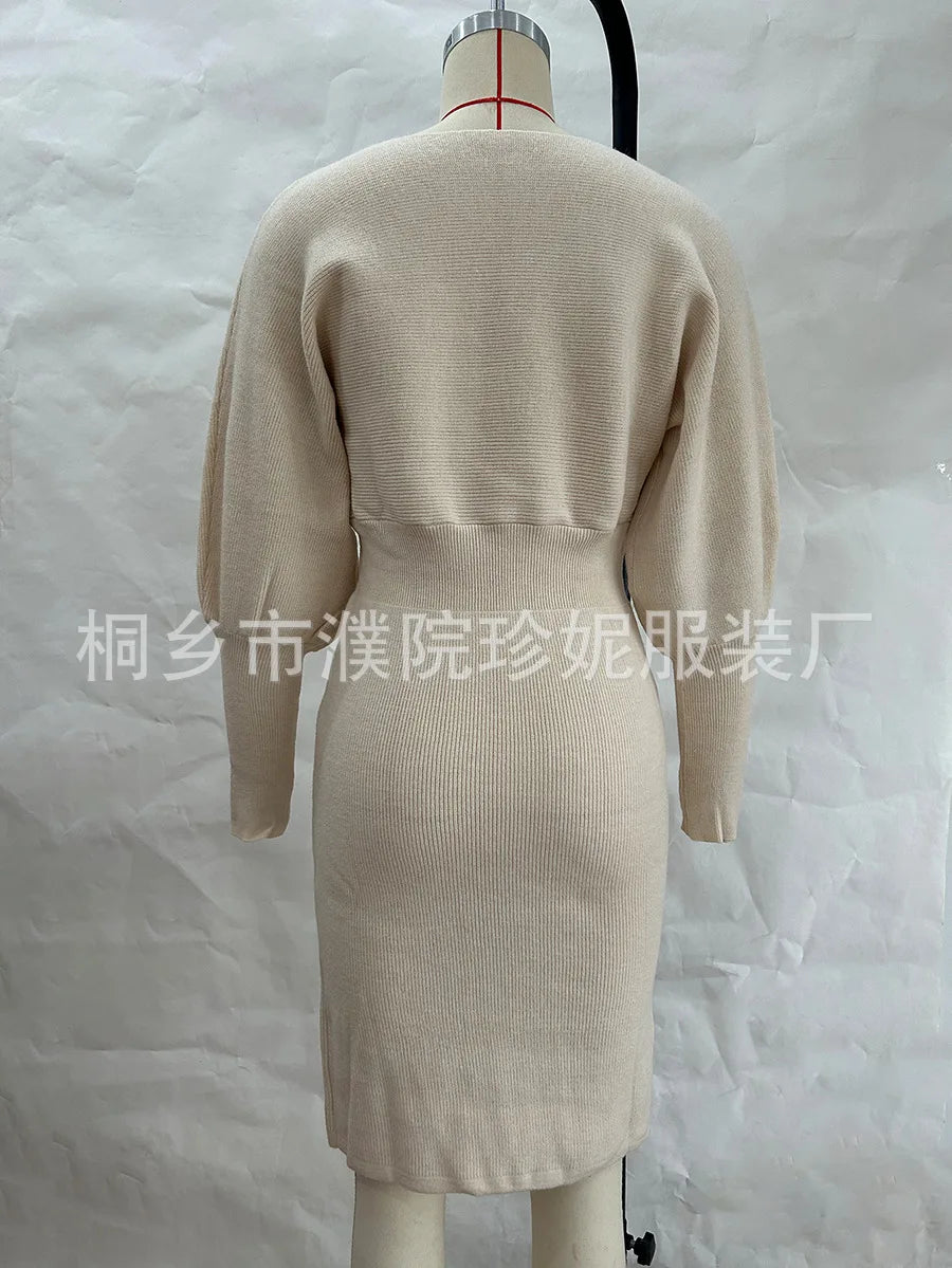 Women Knit Dress Sweater Long Sleeve Round Neck Slim Fit Dresses Tight Waist Thick Warm Vestidos Elegant Lady Skinny Autumn