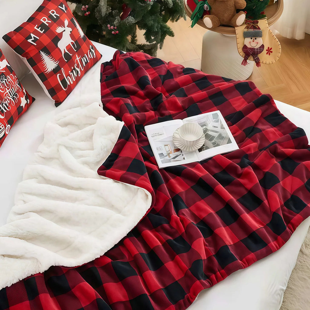 1pc Cozy Sherpa Luxury Shearling-Style Buffalo Plaid Throw Blanket - Ultra-Soft Reversible Faux Fur Fleece, Black & Red Tartan