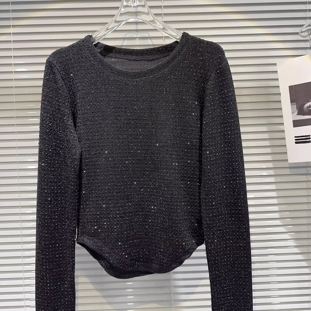 Fat people oversized wear 300 catties fashion rhinestone diamond bright silk curved edge women's long-sleeved T-shirt