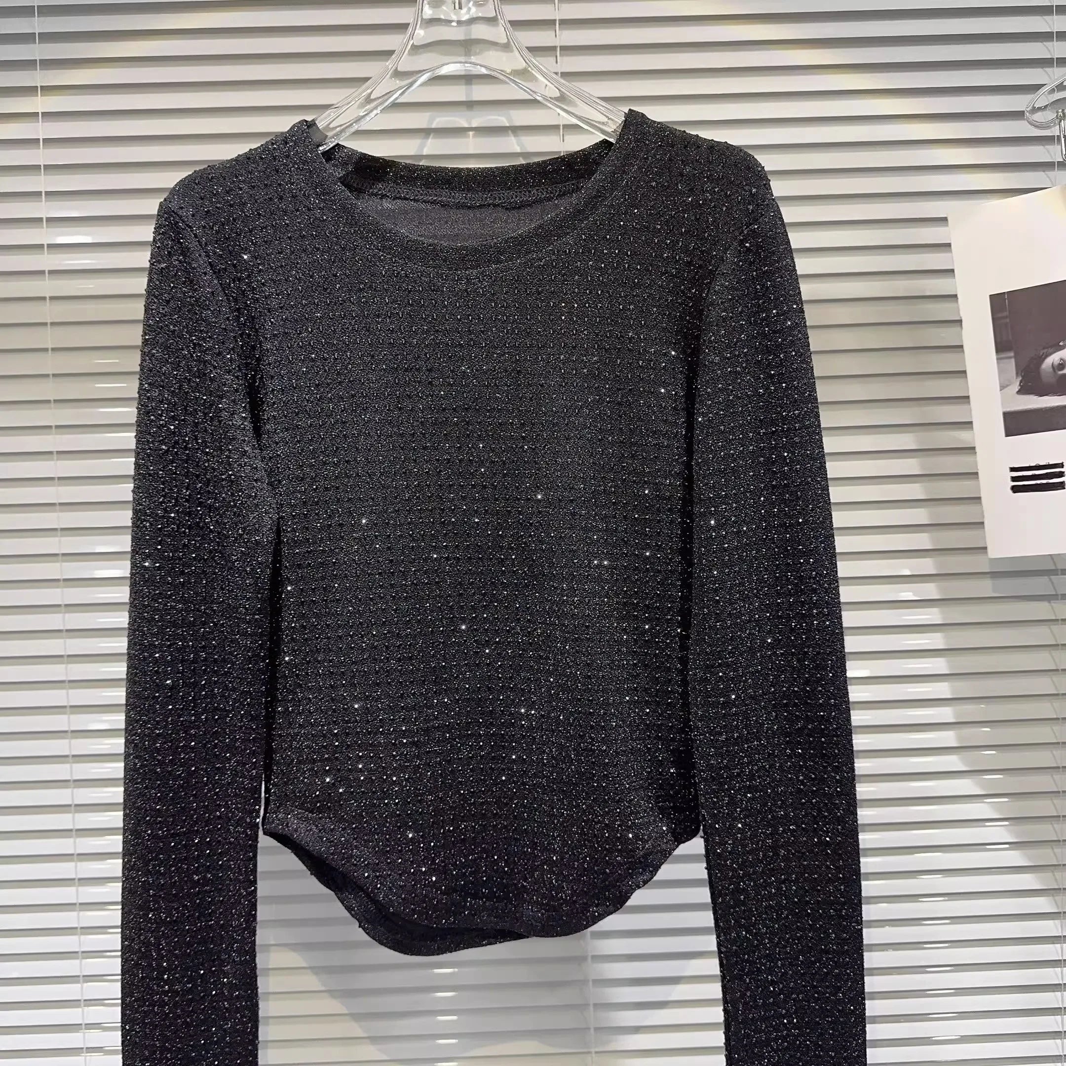 Fat people oversized wear 300 catties fashion rhinestone diamond bright silk curved edge women's long-sleeved T-shirt