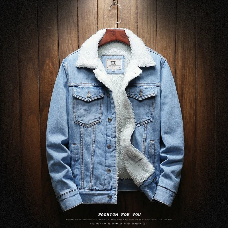 Winter Men's Fleece-Lined Denim Jacket Korean Fashion Windproof Warm Multi-Pocket Lapel Jacket Man High Street Vintage Jean Coat